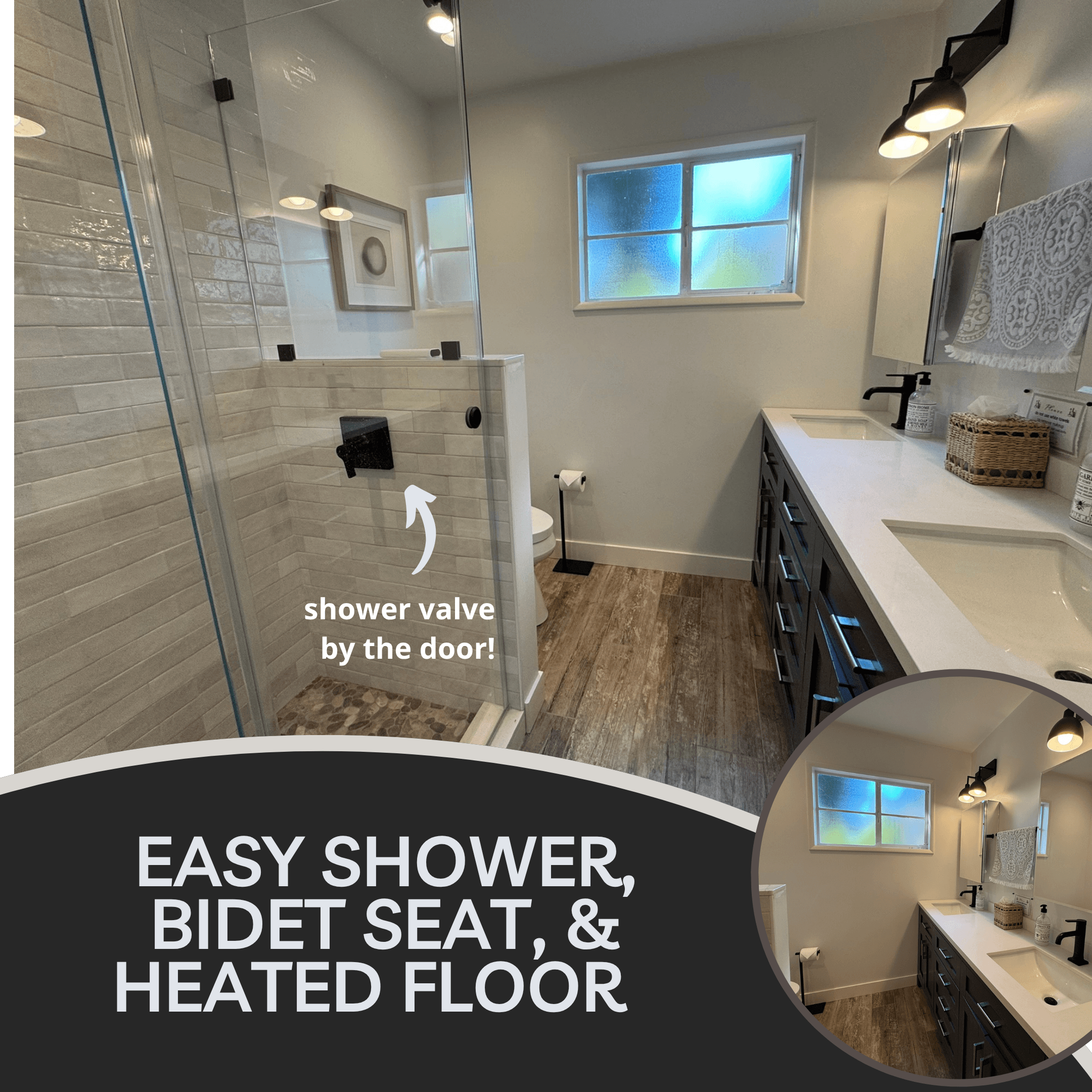 Modern shower with bidet seat and heated floor